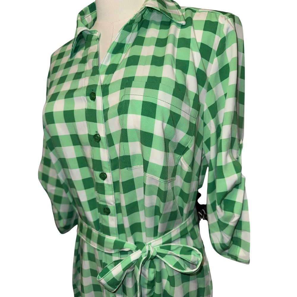 NY and Company Womens Green Gingham Plaid Shirt Dress Roll Tab Sleeve Large‎ NEW - Picture 3 of 7